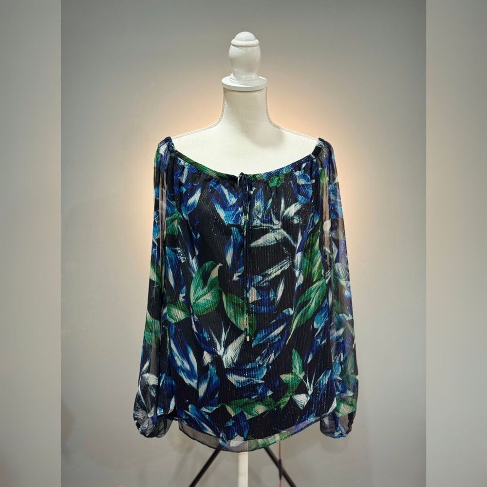 Black WHBM Floral Elena Metallic Stripe Blouse Size XL NWT